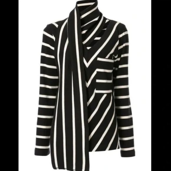 Goen.J Black & White Scarf Striped Jersey Top Oversized V Neck Chevron Sz Small - Picture 3 of 11